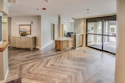 Light-filled lobby area with modern flooring and furnishings