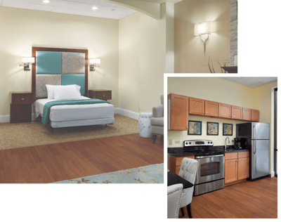Stylish resident room with a kitchen area