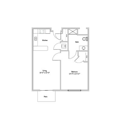 Architectural floor plan of a one-bedroom unit