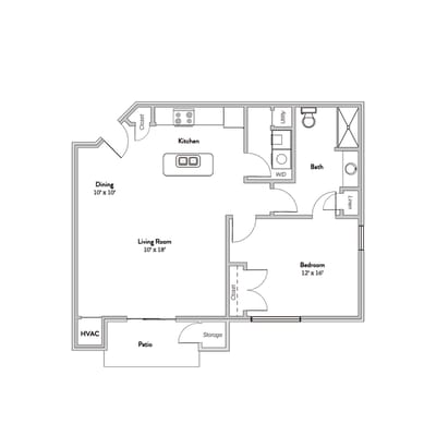 Architectural floor plan of a one-bedroom unit