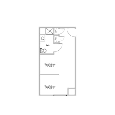 Architectural floor plan of shared bedrooms and bathroom