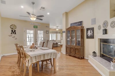 Bright dining area with a table set up