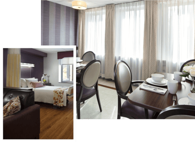 Cozy resident room and dining area with table settings