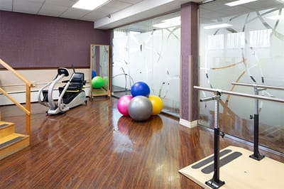 Interior exercise area with fitness equipment and exercise balls