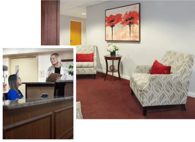 Interior common area with staff interacting at the reception