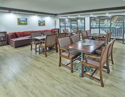 Bright and spacious common area with seating