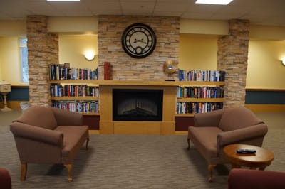 Cozy seating area with bookshelves and a fireplace