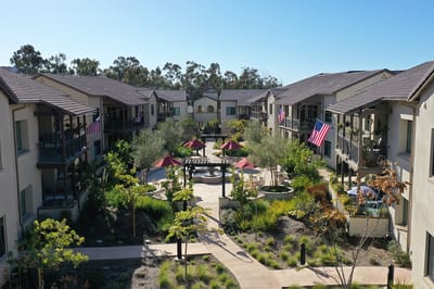 Aerial view of the courtyard with landscaped areas and flags