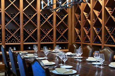 Elegant dining area with wine storage