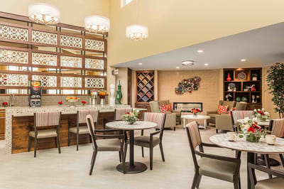 Bright common area with seating and decor