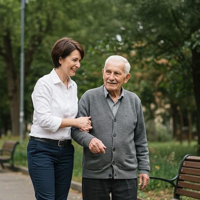 Caregiver assisting a senior man in a park.