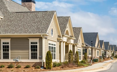 Exterior view of assisted living residential buildings.