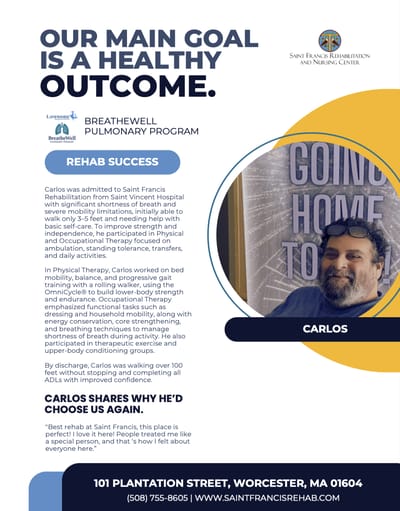 Resident named Carlos discussing rehabilitation success