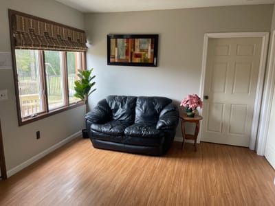 Cozy lounge area with a black couch and plants