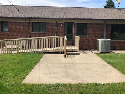 Exterior view of a building with a ramp