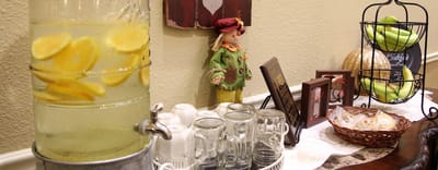 Refreshments area with lemonade and bananas