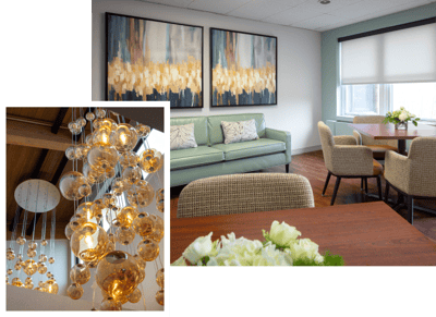 Interior common area with seating and decorative lighting