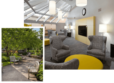 Bright common area with seating and outdoor view