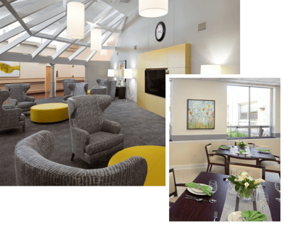 Bright common area with seating and dining setup