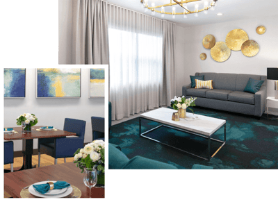 Bright common area with dining table and living space
