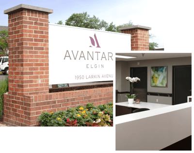 Exterior sign for Avantara Elgin with flowers