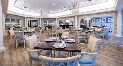 Bright dining room setup for residents