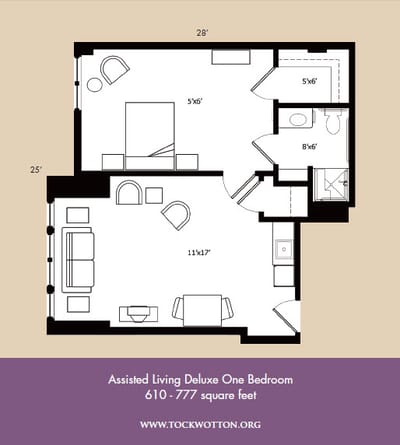 Architectural floor plan of a one-bedroom unit