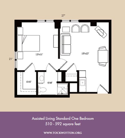 Architectural floor plan of a one-bedroom unit