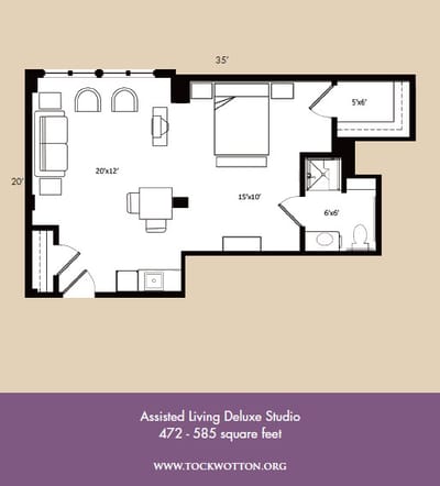 Architectural floor plan of an assisted living studio