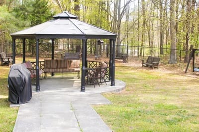 Outdoor gazebo area with seating
