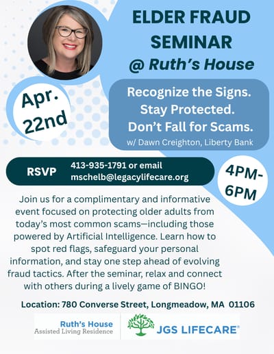 Elder fraud seminar announcement with event details.
