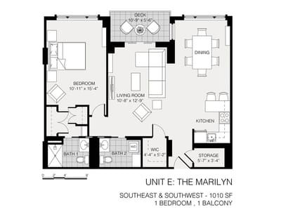 Architectural floor plan for a one-bedroom unit