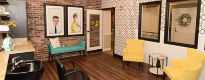 Bright and stylish common area with seating