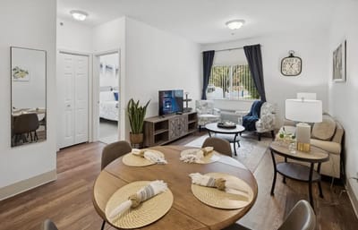 Bright common area with modern furnishings and decor