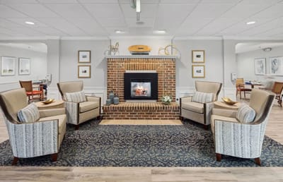 Cozy common area with seating and fireplace
