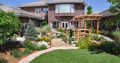 Beautiful garden area with bridge and flowers