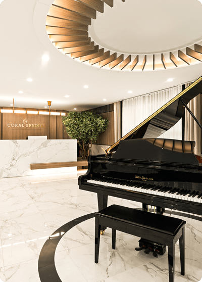 Elegant lobby with a piano and modern design elements
