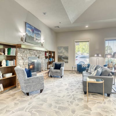 Cozy common area with seating and fireplace