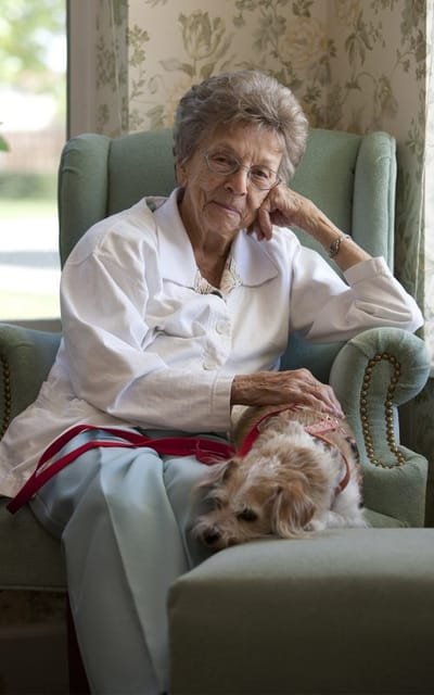 A senior woman relaxing with a small dog in a cozy armchair