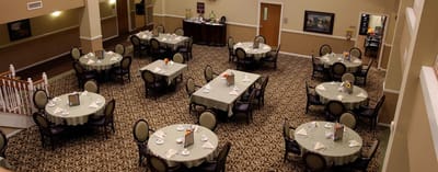 Dining room area with neatly arranged tables