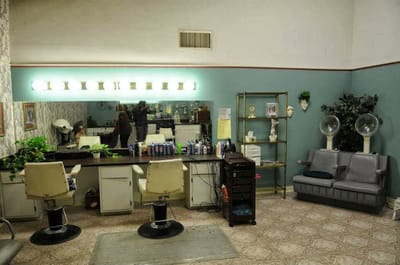 Interior of a hair salon with styling stations