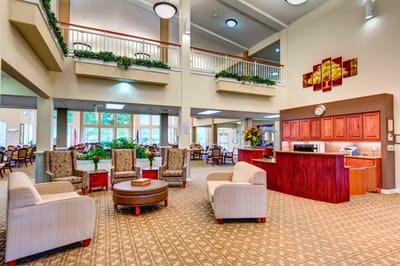 A welcoming lobby area with seating and decor