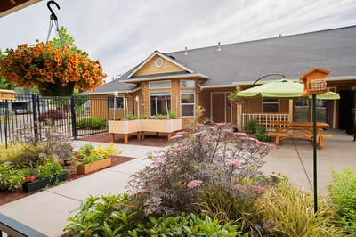 Outdoor garden area with flowers and seating