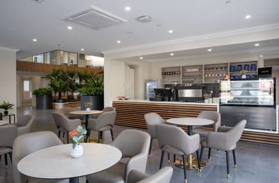 Interior view of a modern common area with seating