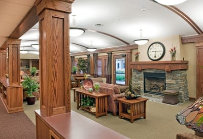 Cozy common area with a fireplace and seating