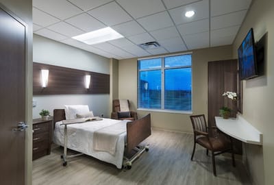 A private resident room with modern decor and furnishings