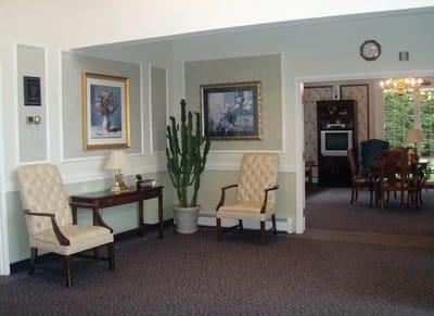 Welcoming common area with seating and artwork.