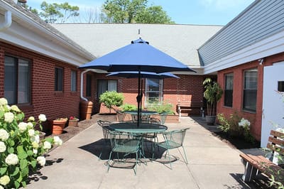 Outdoor courtyard area with seating
