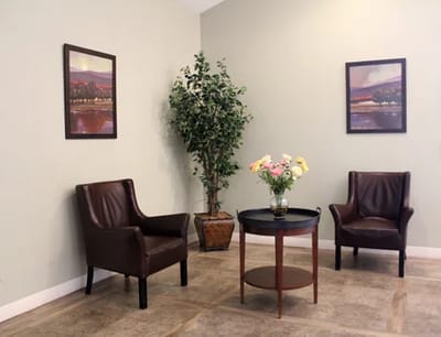 Interior seating area with two chairs and flower vase