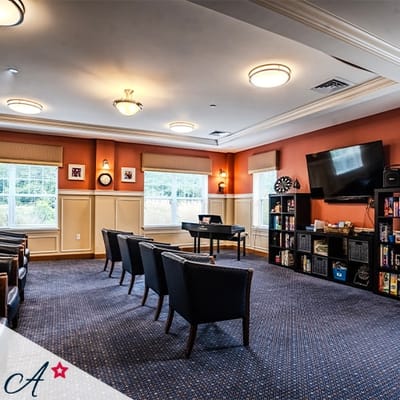 Interior view of a common activity room with seating